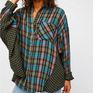 Free People Plaid Flannel Shirt Oversized One of the Guys Green Button Down M